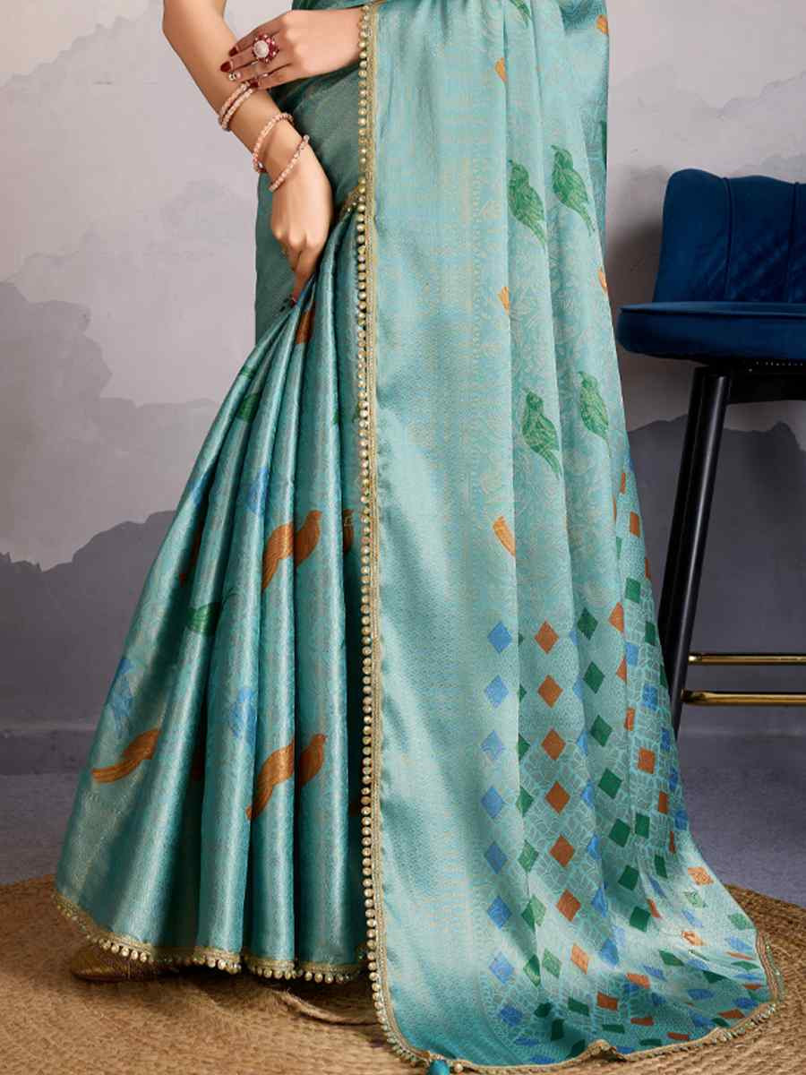 Sky Double Mysore Brocade Silk Handwoven Wedding Festival Heavy Border Saree