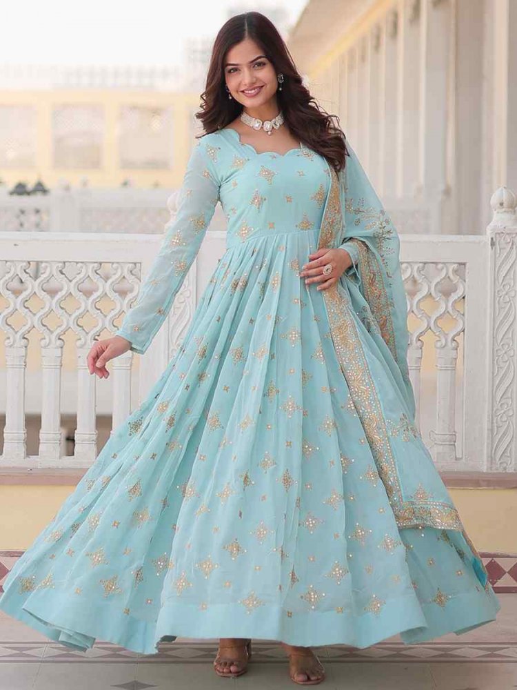 Sky Faux Georgette Embroidered Festival Casual Gown