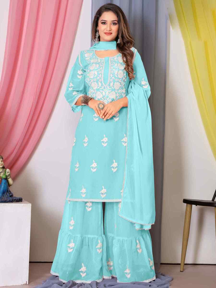 Sky Faux Georgette Embroidered Festival Casual Ready Sharara Pant Salwar Kameez