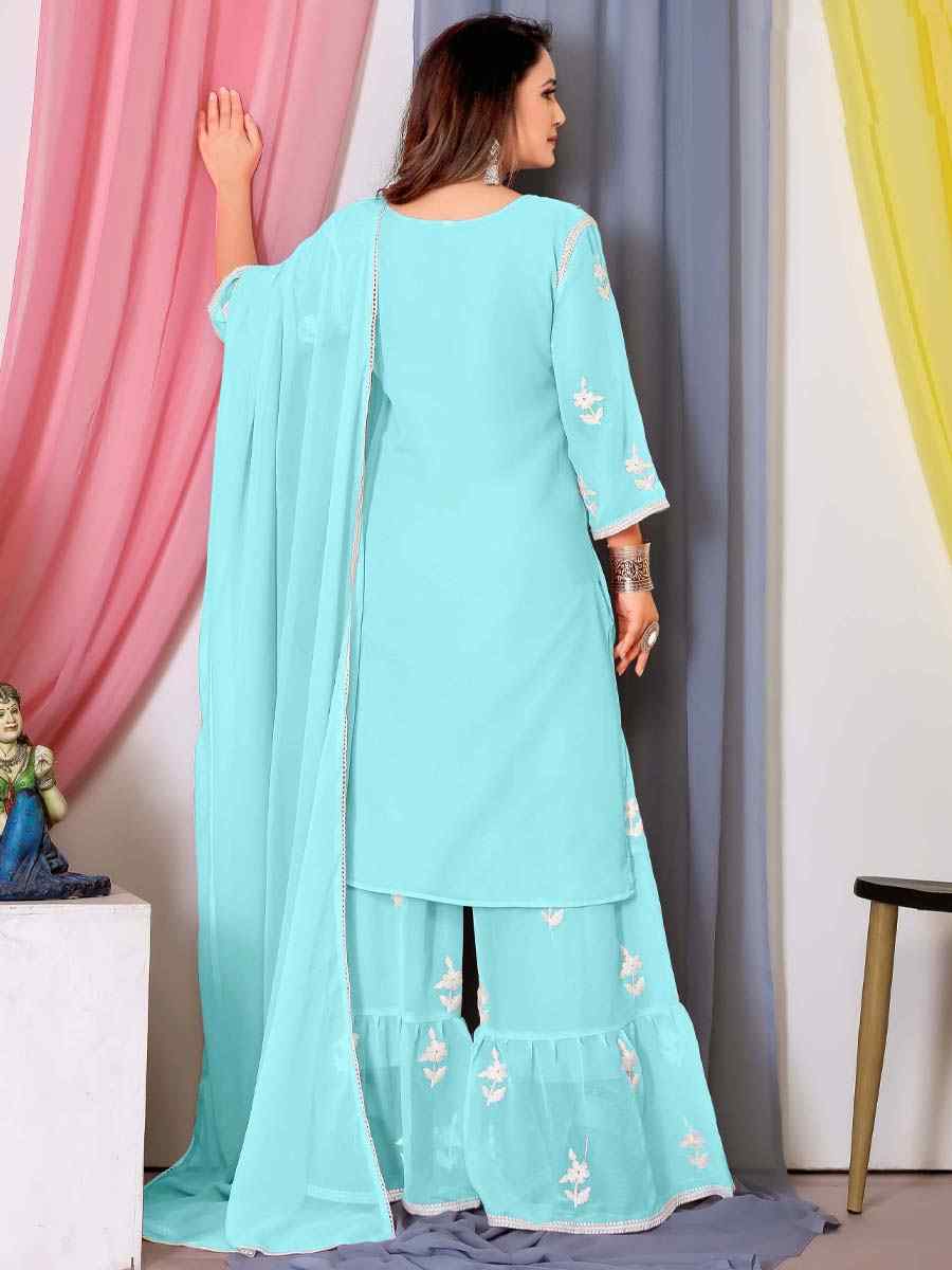 Sky Faux Georgette Embroidered Festival Casual Ready Sharara Pant Salwar Kameez