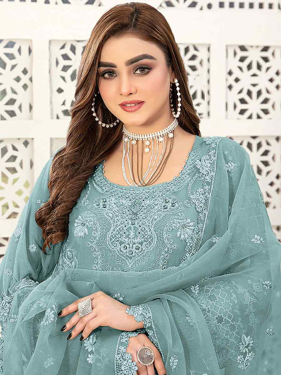 Sky Georgette Embroidered Festival Casual Pant Salwar Kameez