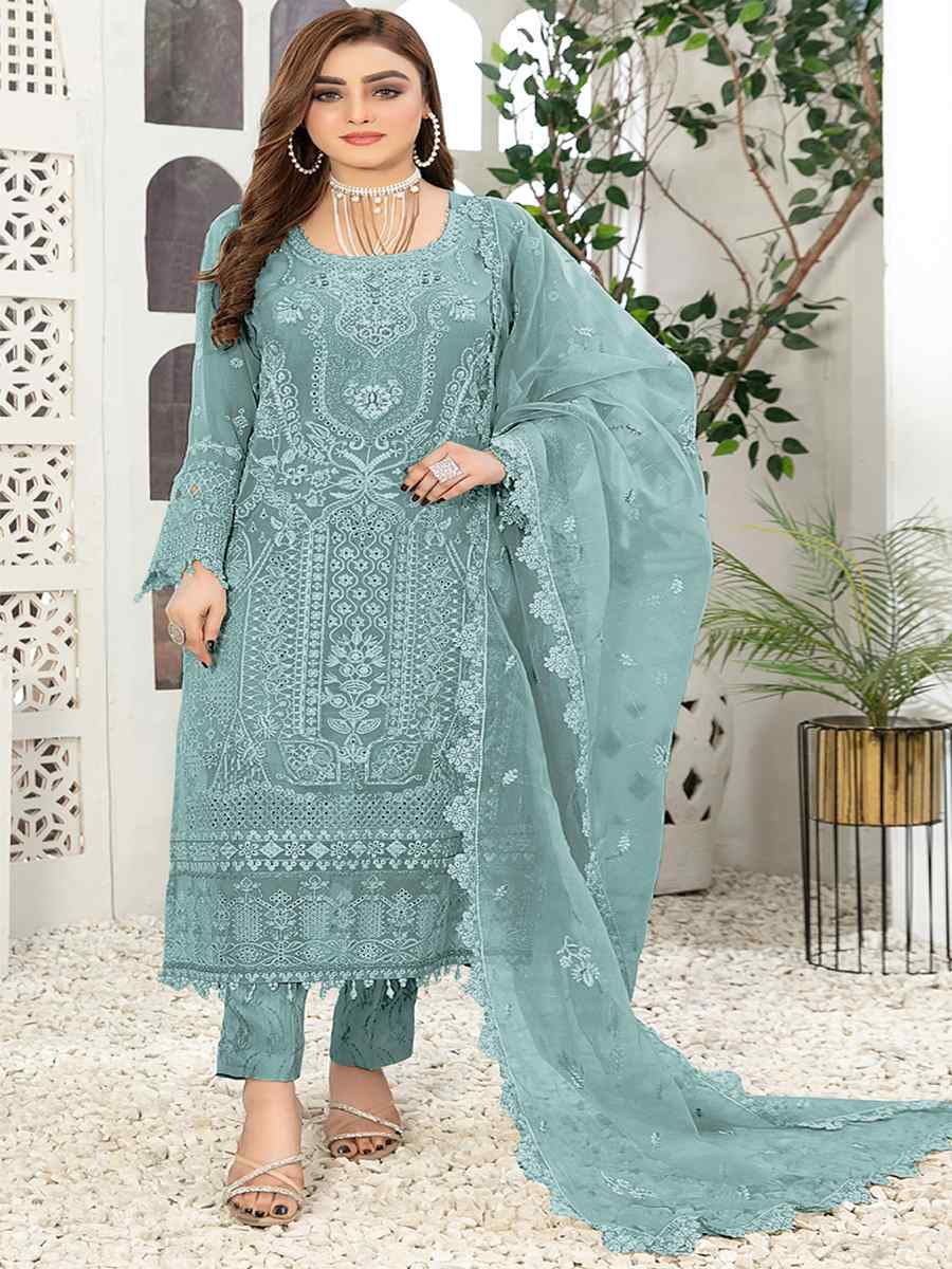 Sky Georgette Embroidered Festival Casual Pant Salwar Kameez