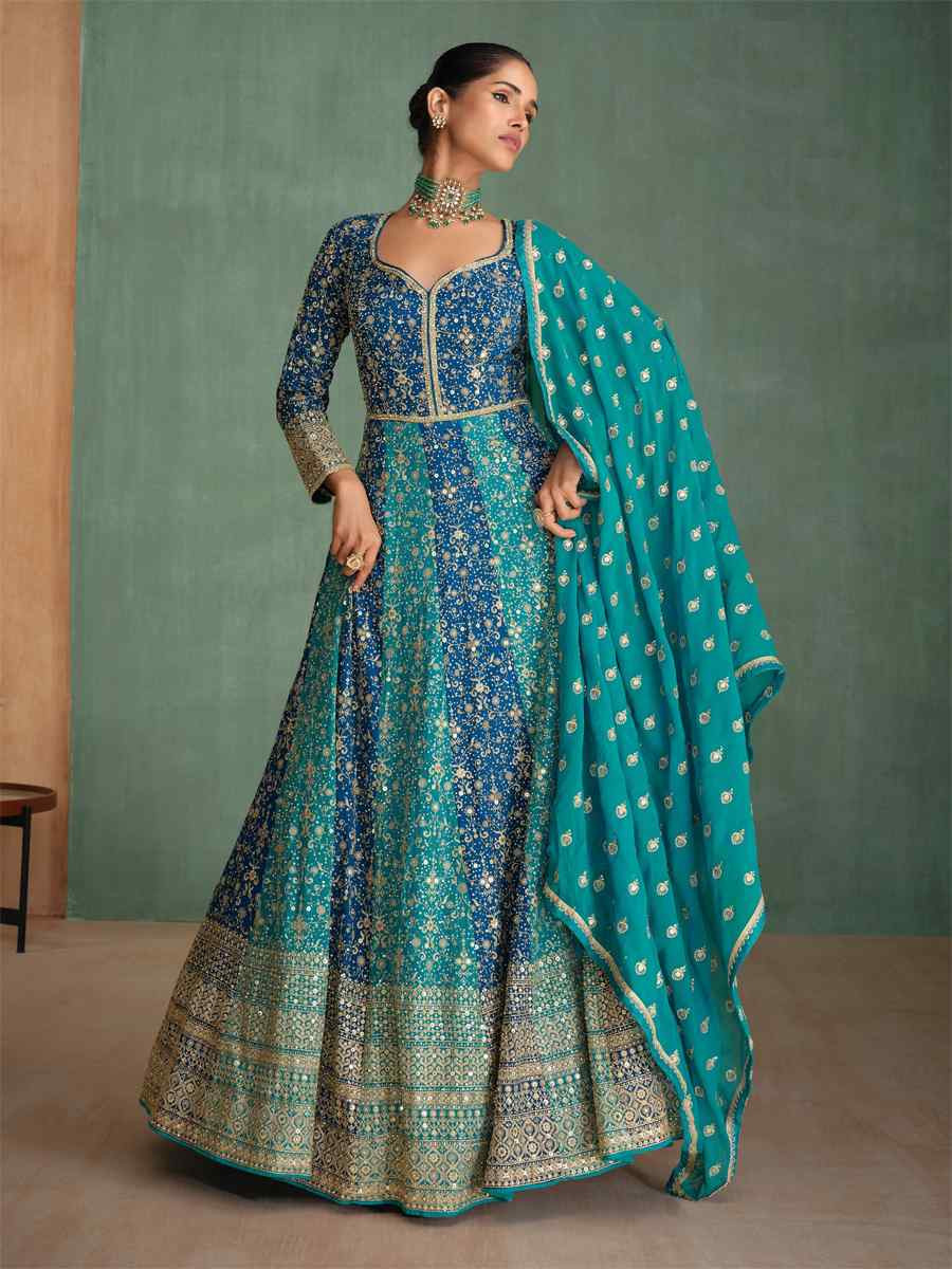 Sky Georgette Embroidered Festival Wedding Anarkali Salwar Kameez