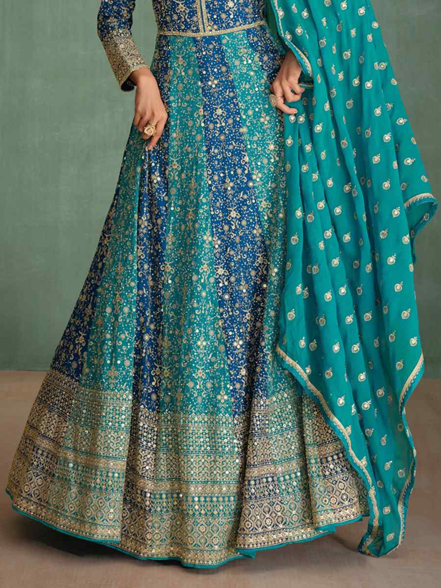 Sky Georgette Embroidered Festival Wedding Anarkali Salwar Kameez