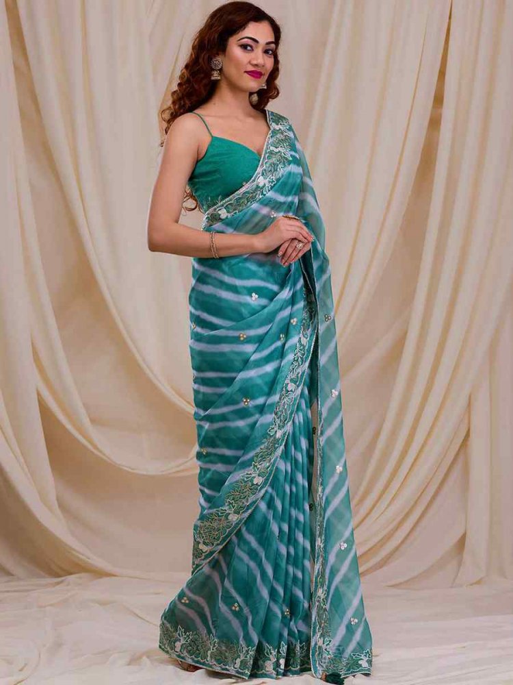 Sky Georgette Embroidered Party Festival Heavy Border Saree