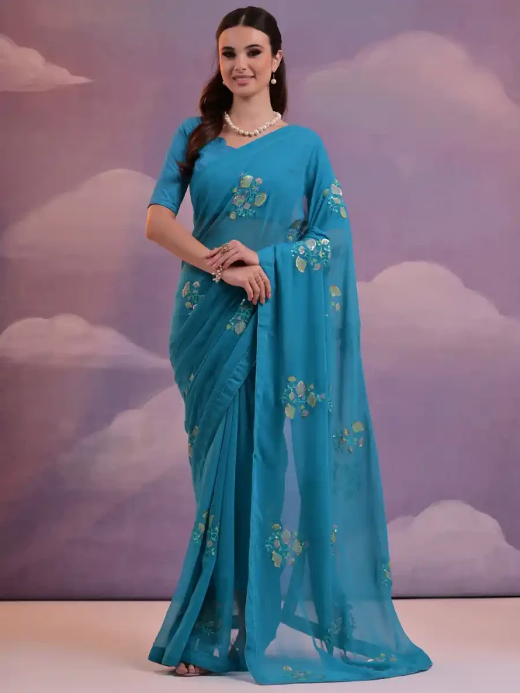 Sky Georgette Handwoven Festival Casual Classic Style Saree