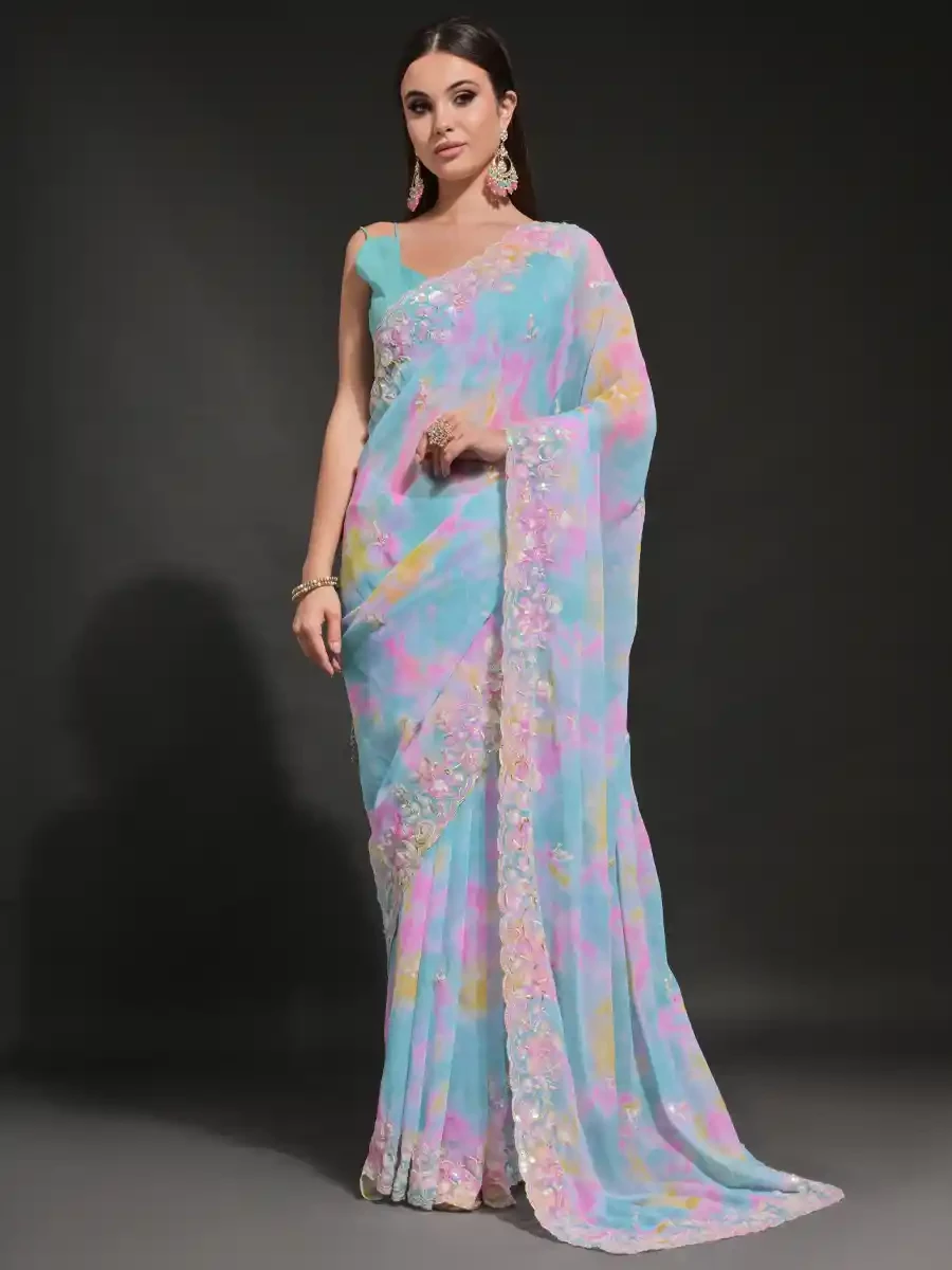 Sky Georgette Sequins Cocktail Party Classic Style Saree