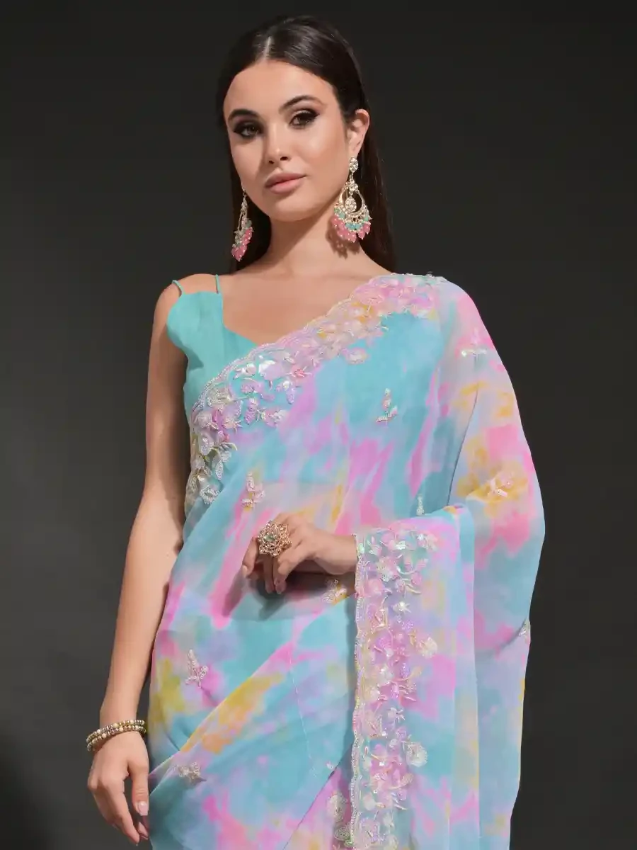 Sky Georgette Sequins Cocktail Party Classic Style Saree