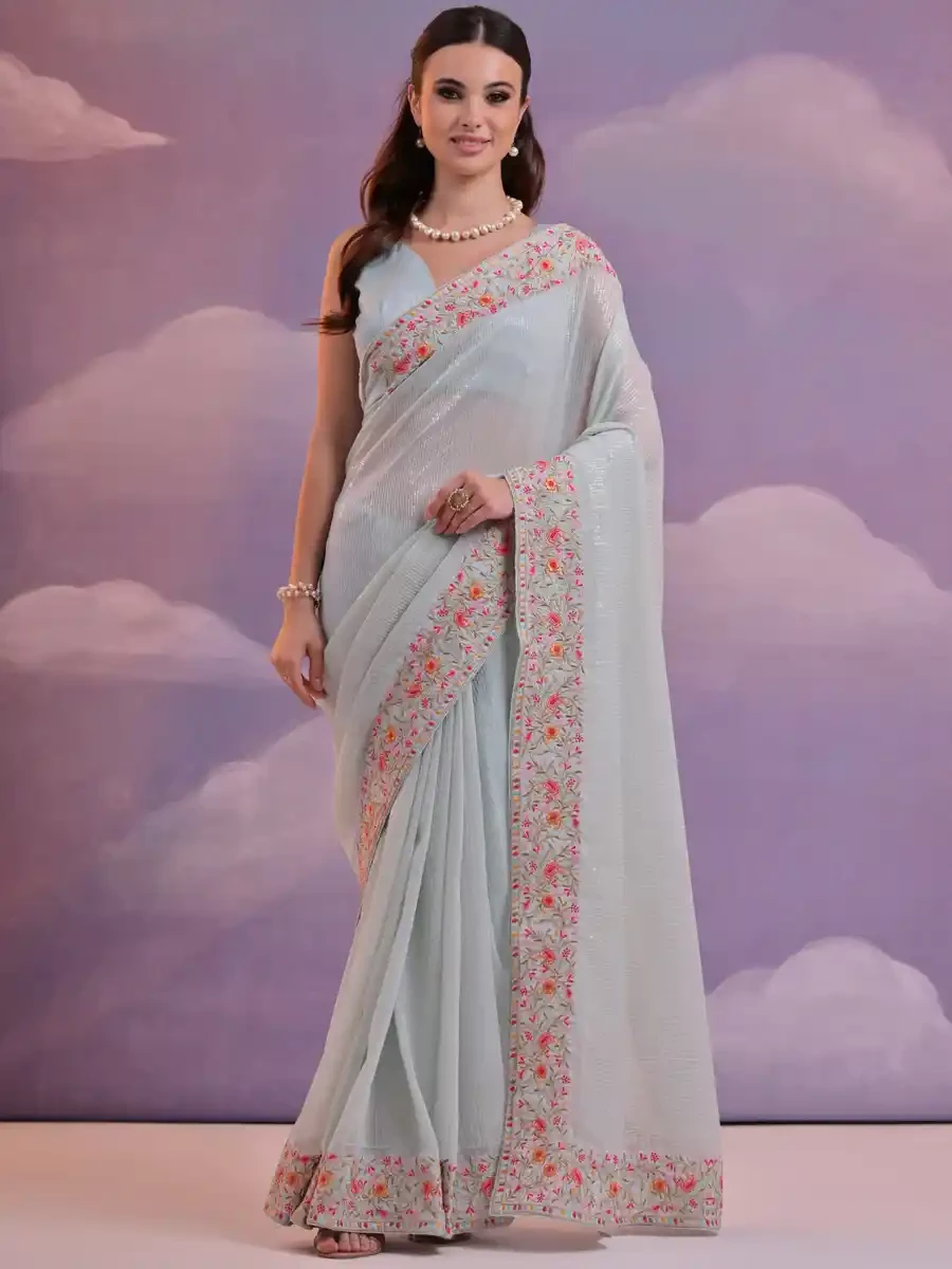 Sky Georgette Sequins Cocktail Party Classic Style Saree