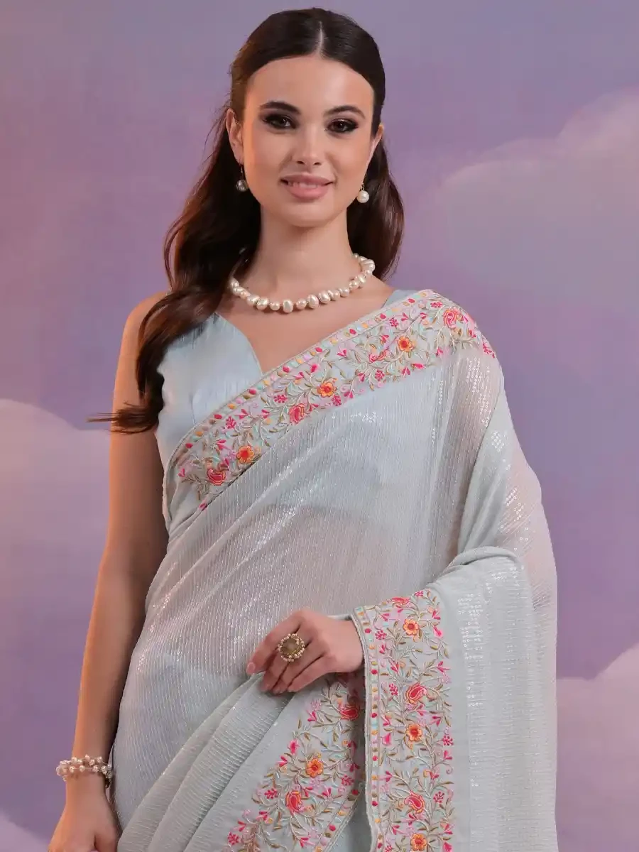 Sky Georgette Sequins Cocktail Party Classic Style Saree