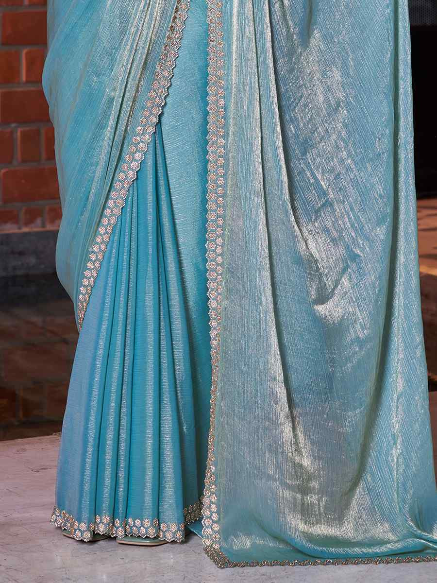 Sky Golden Crush Silk  Handwoven Festival Wedding Heavy Border Saree