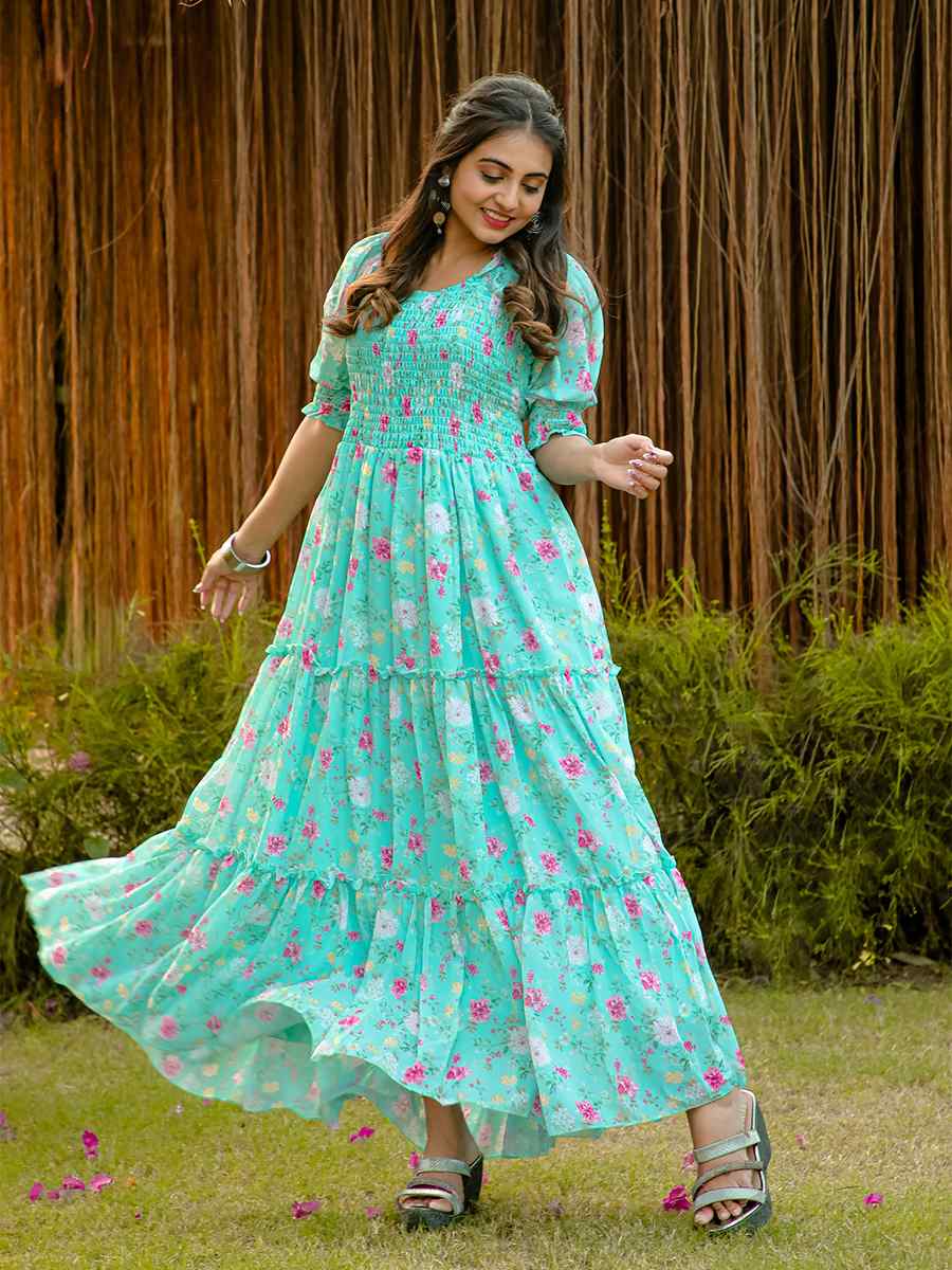 Sky Green Faux Georgette Printed Festival Casual Gown