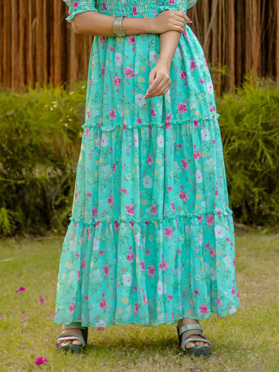 Sky Green Faux Georgette Printed Festival Casual Gown