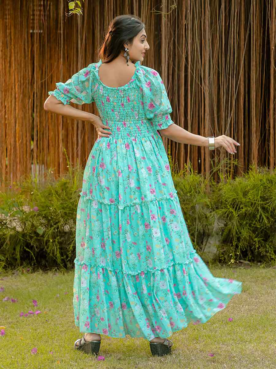 Sky Green Faux Georgette Printed Festival Casual Gown