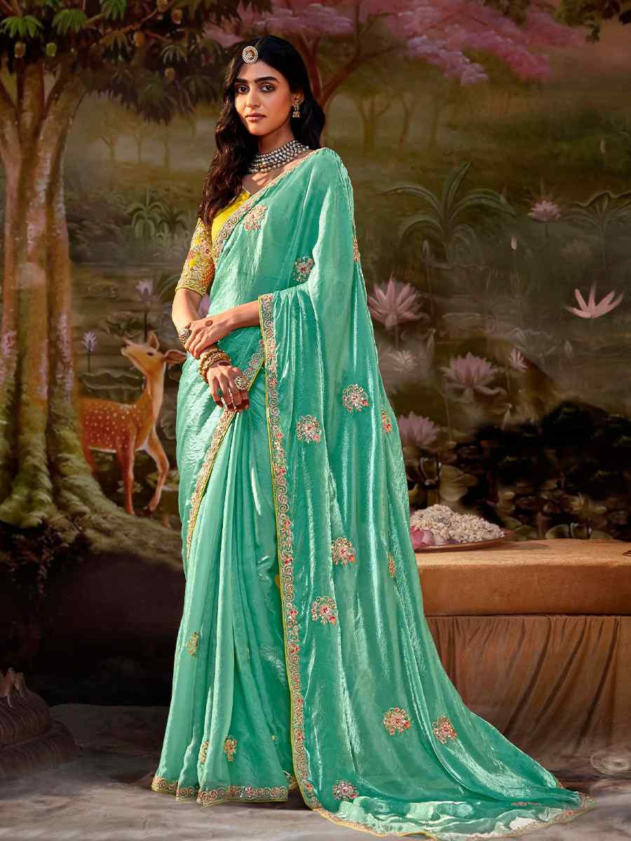 Sky Green Organza Chiffon Embroidered Reception Party Heavy Border Saree