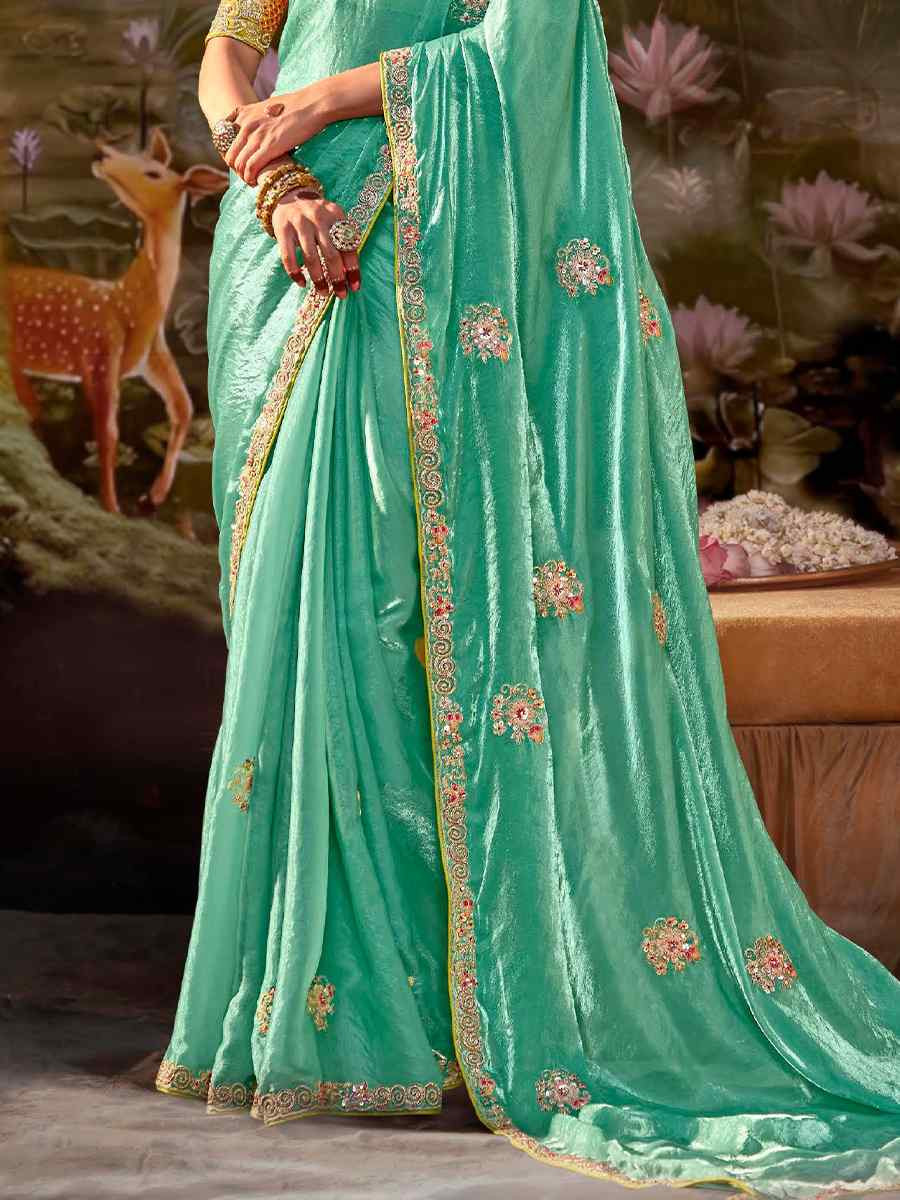 Sky Green Organza Chiffon Embroidered Reception Party Heavy Border Saree