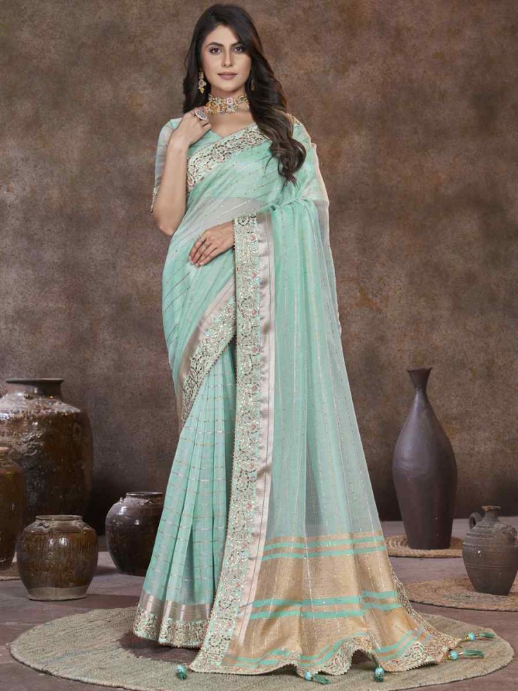 Sky Green Top Dyed Silk Embroidered Wedding Festival Heavy Border Saree