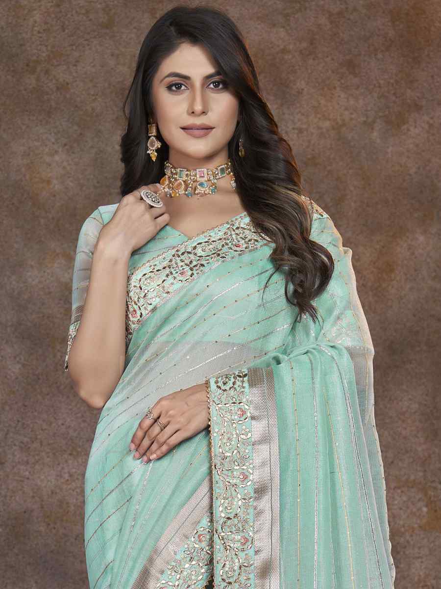 Sky Green Top Dyed Silk Embroidered Wedding Festival Heavy Border Saree