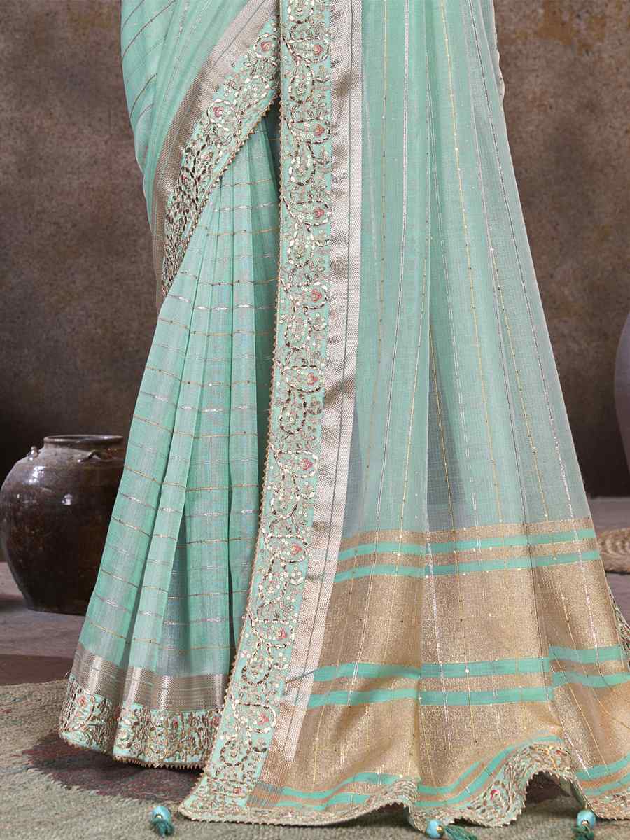 Sky Green Top Dyed Silk Embroidered Wedding Festival Heavy Border Saree