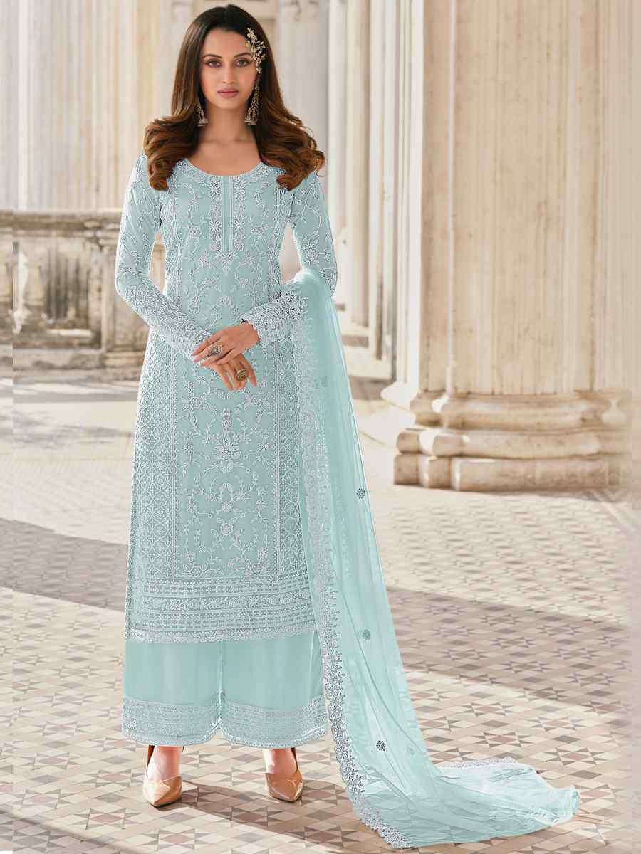 Sky Heavy Butterfly Net Embroidered Festival Wedding Palazzo Pant Salwar Kameez