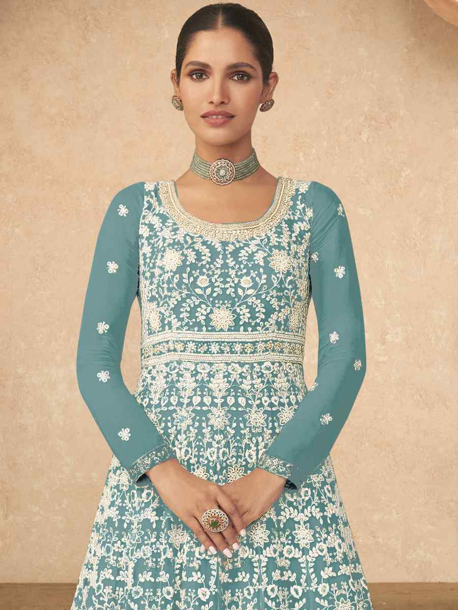 Sky Heavy Faux Georgette Embroidered Festival Wedding Anarkali Salwar Kameez