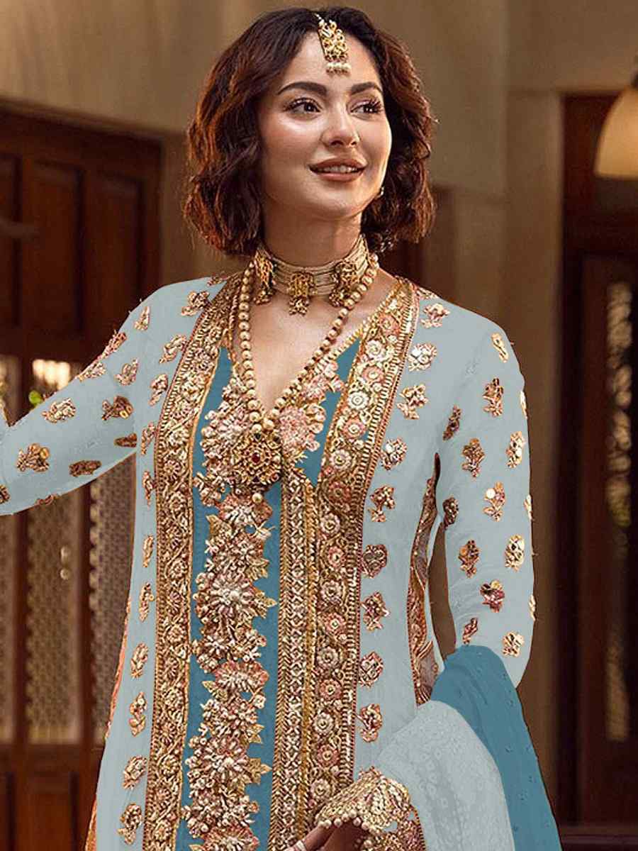 Sky Heavy Organza Embroidered Festival Wedding Palazzo Pant Salwar Kameez