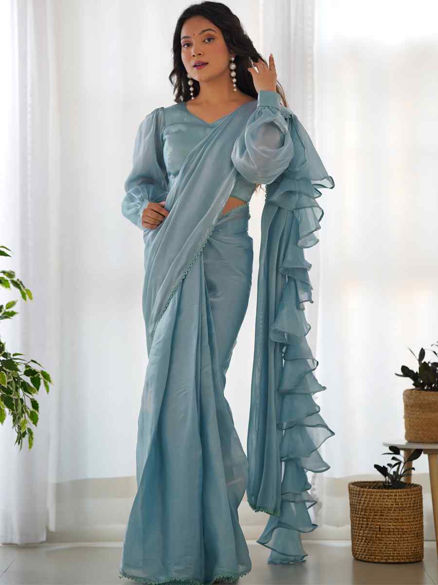 Sky Jimmy Choo Organza Handwoven Festival Party Classic Style Saree