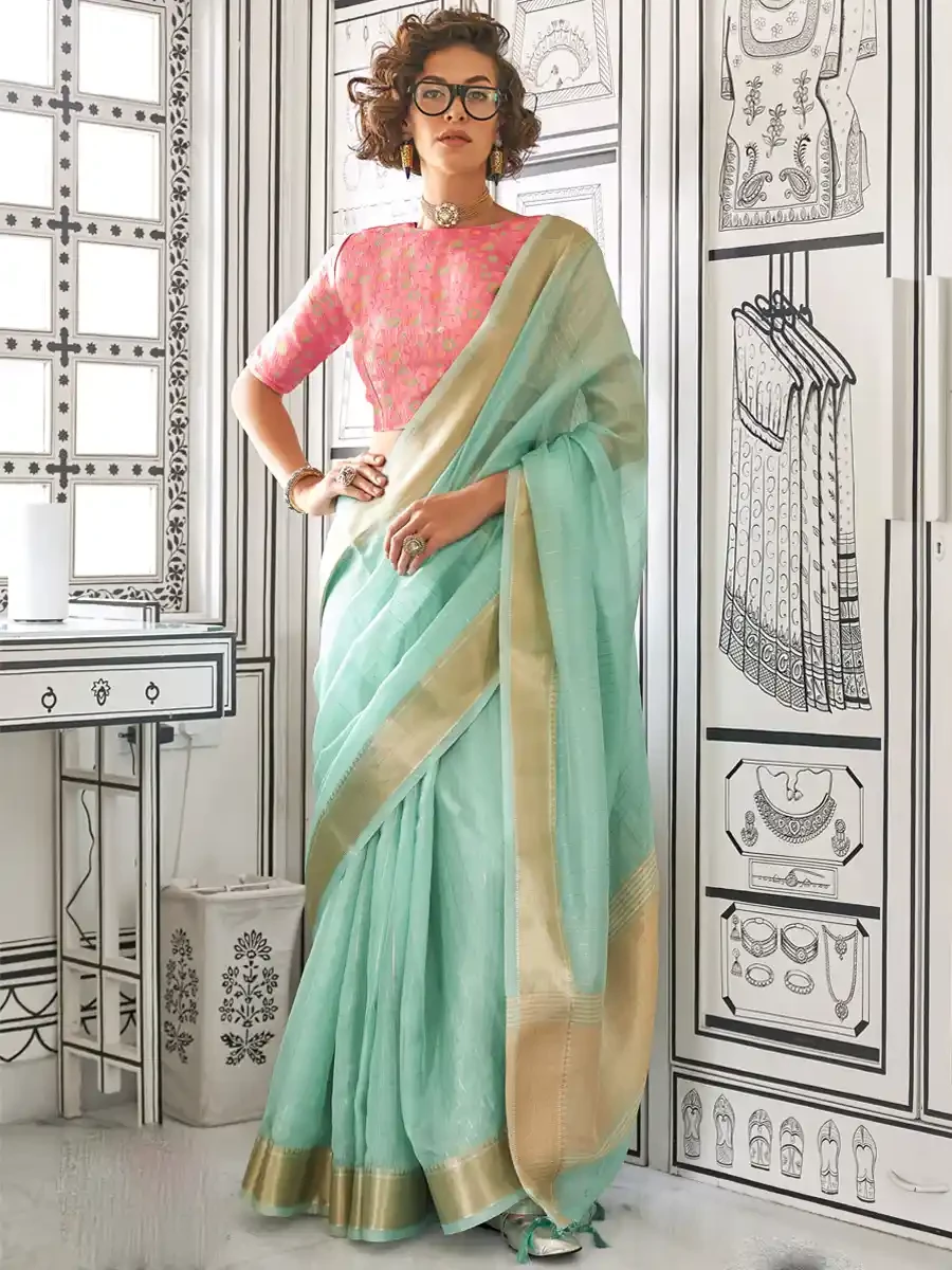 Sky Moss Chiffon Handloom Handwoven Festival Casual Heavy Border Saree