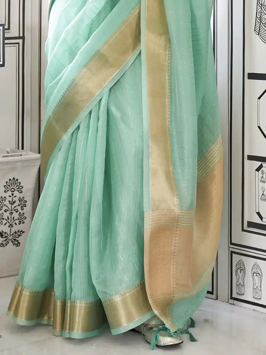 Sky Moss Chiffon Handloom Handwoven Festival Casual Heavy Border Saree