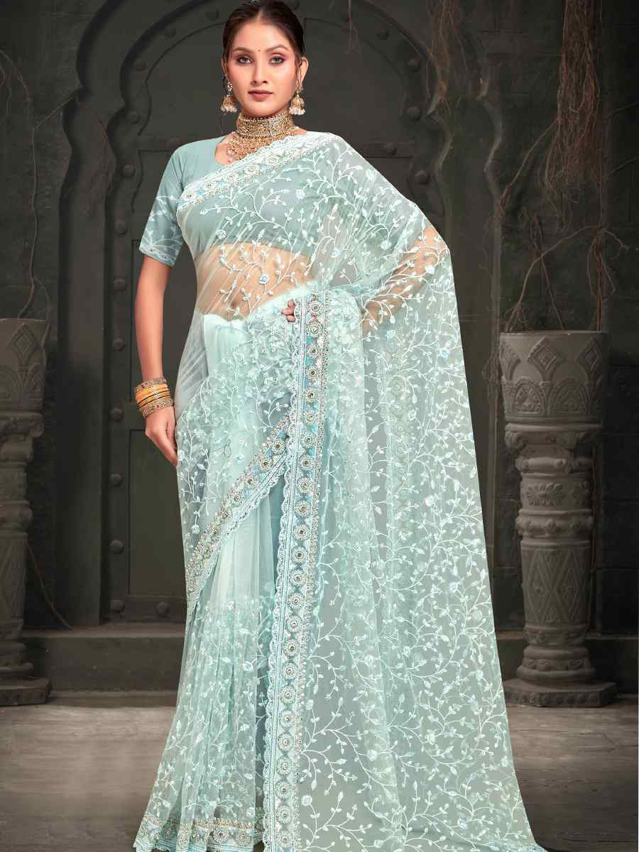 Sky Net Embroidered Reception Party Heavy Border Saree