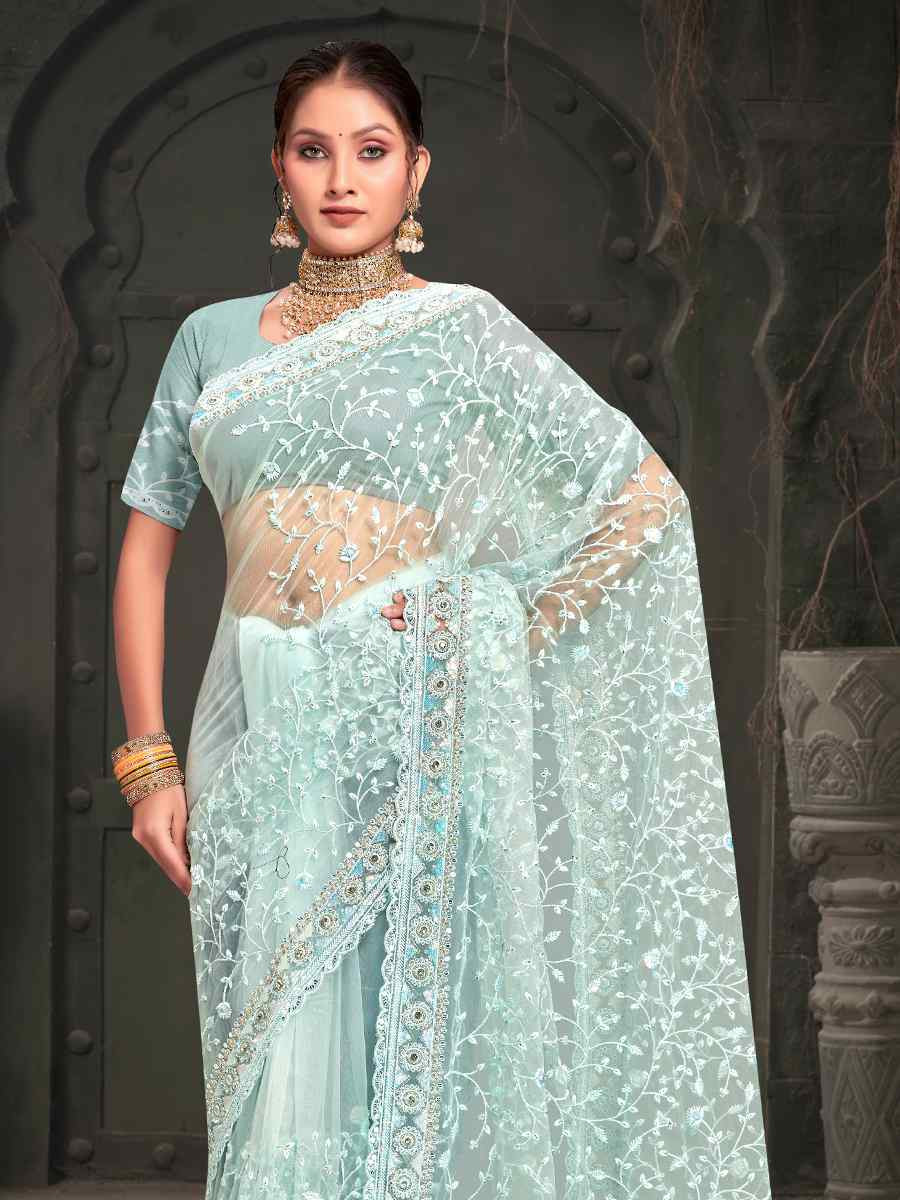 Sky Net Embroidered Reception Party Heavy Border Saree