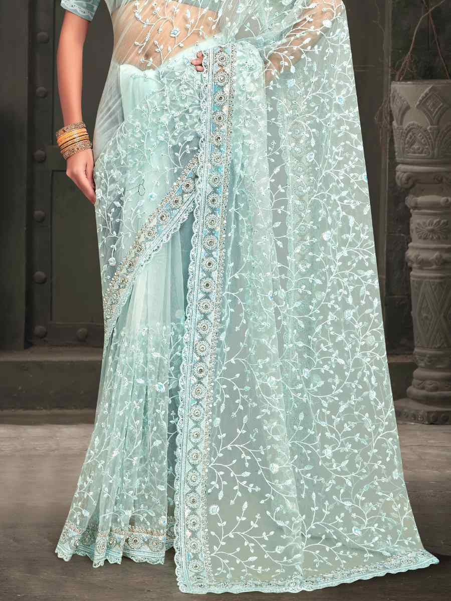 Sky Net Embroidered Reception Party Heavy Border Saree