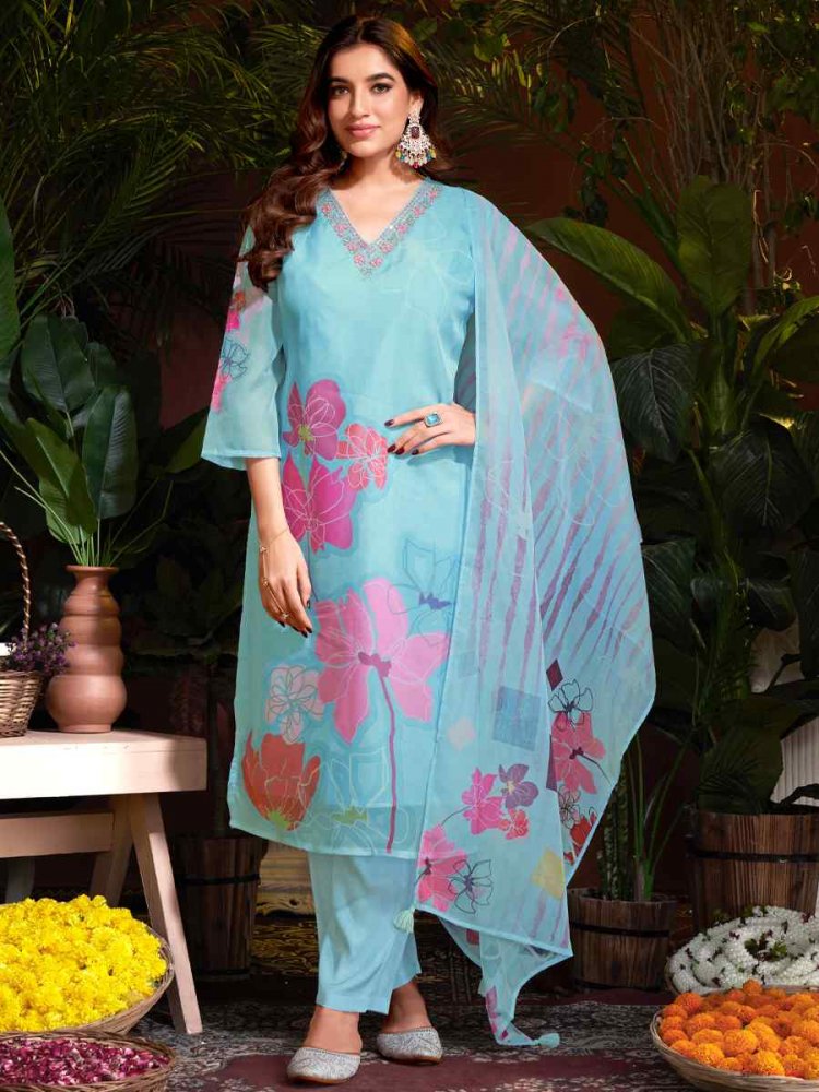 Sky Organza Embroidered Festival Casual Ready Pant Salwar Kameez