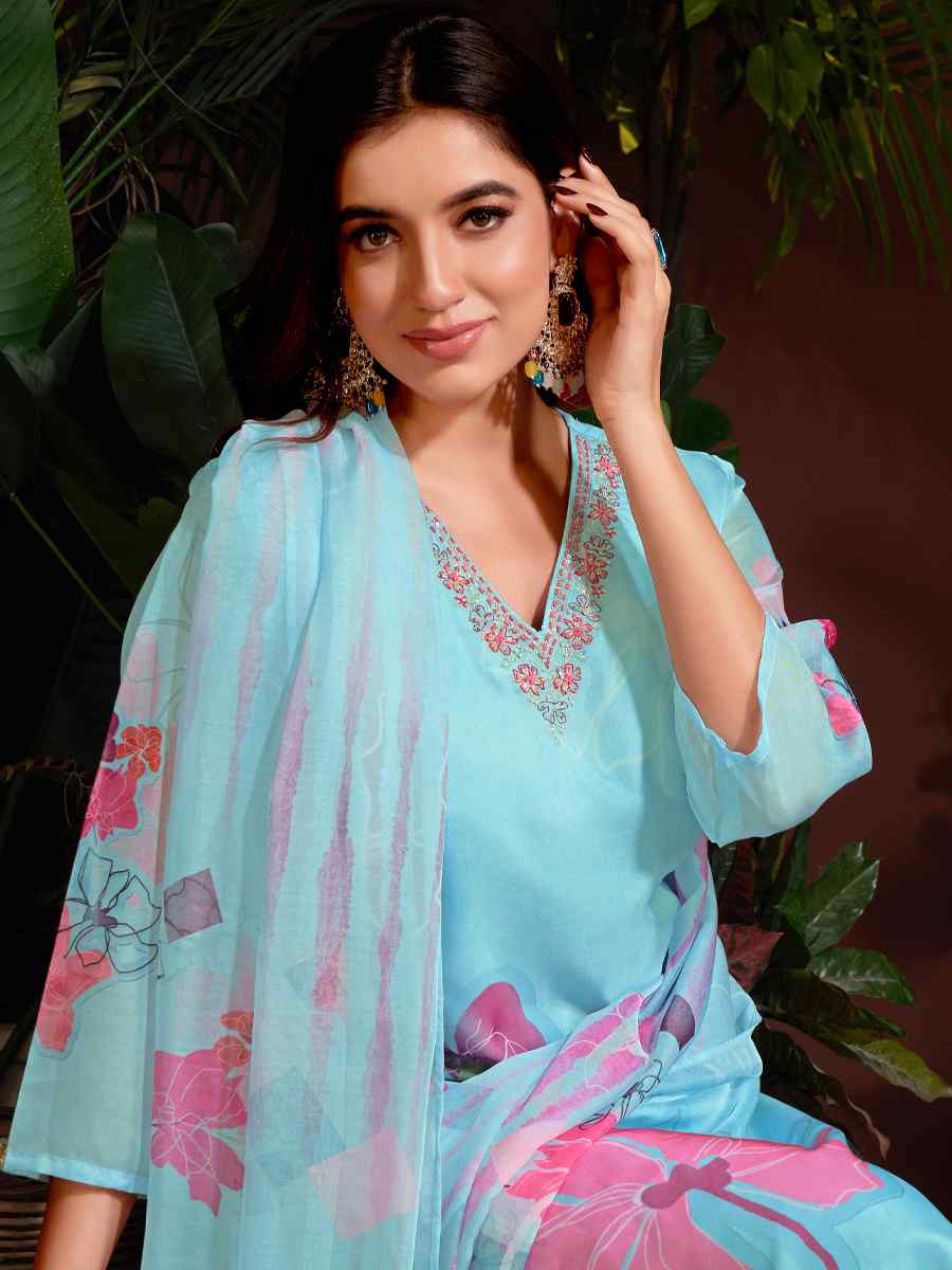 Sky Organza Embroidered Festival Casual Ready Pant Salwar Kameez