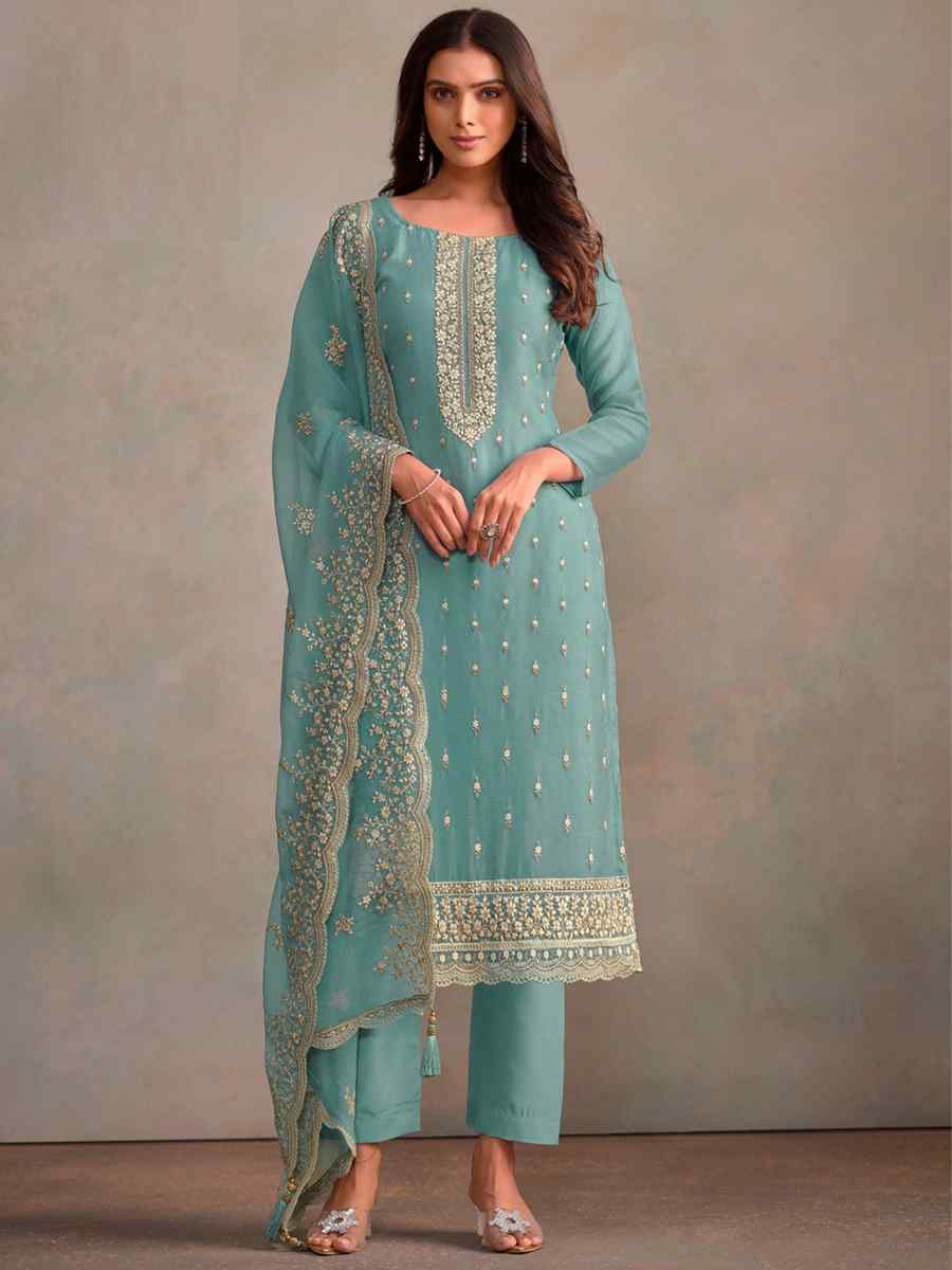 Sky Organza Embroidered Festival Wedding Pant Salwar Kameez