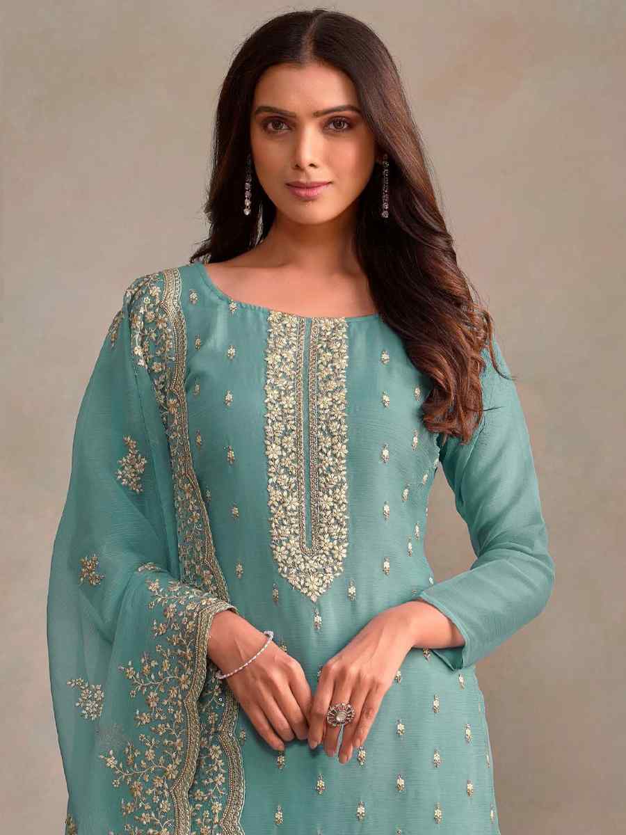 Sky Organza Embroidered Festival Wedding Pant Salwar Kameez