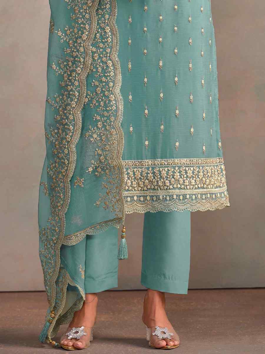 Sky Organza Embroidered Festival Wedding Pant Salwar Kameez