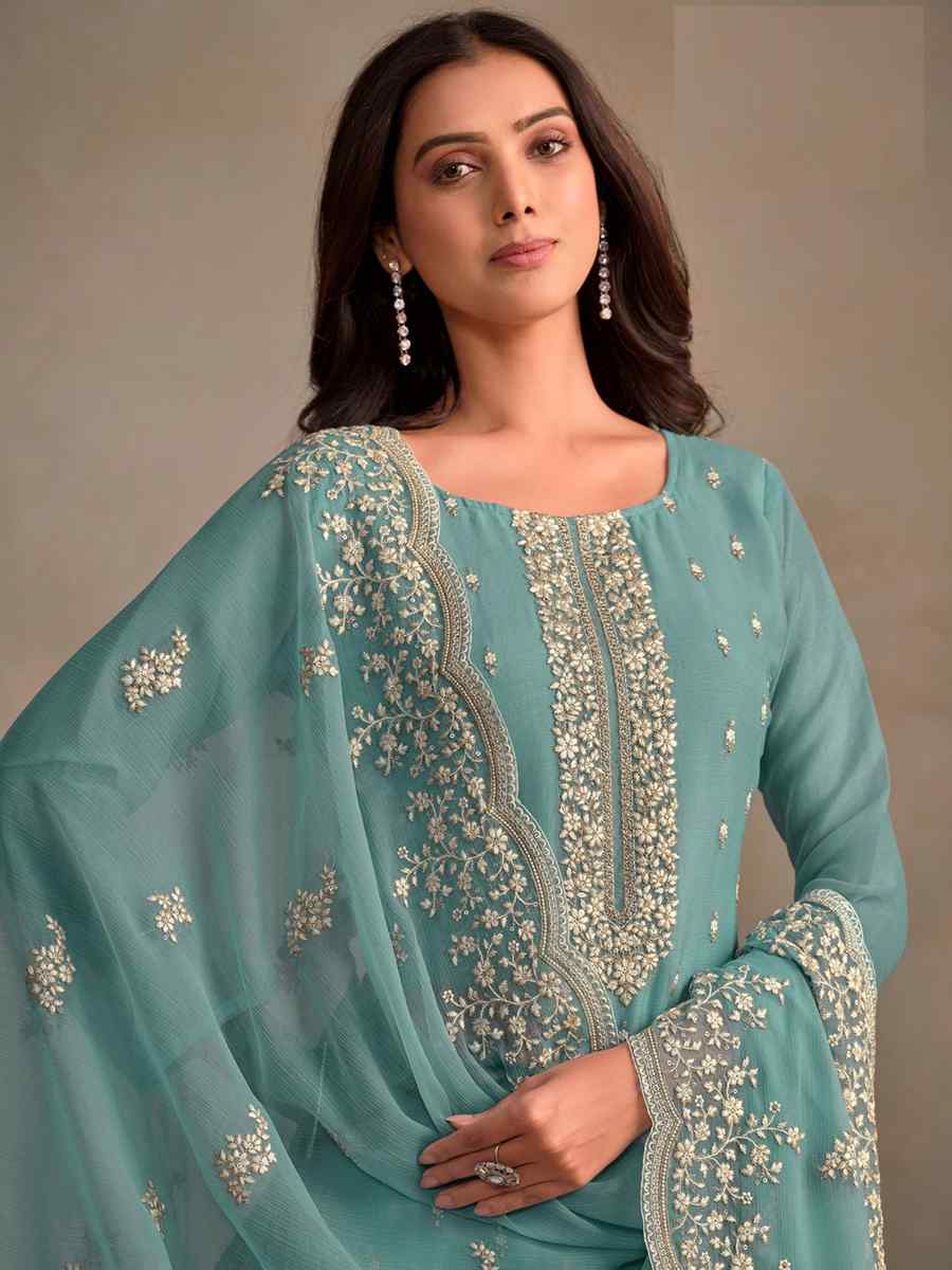 Sky Organza Embroidered Festival Wedding Pant Salwar Kameez