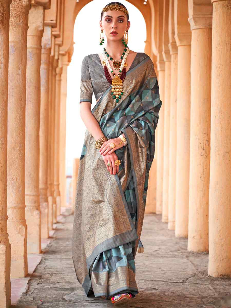 Sky Poly Viscose Silk Handwoven Festival Wedding Heavy Border Saree