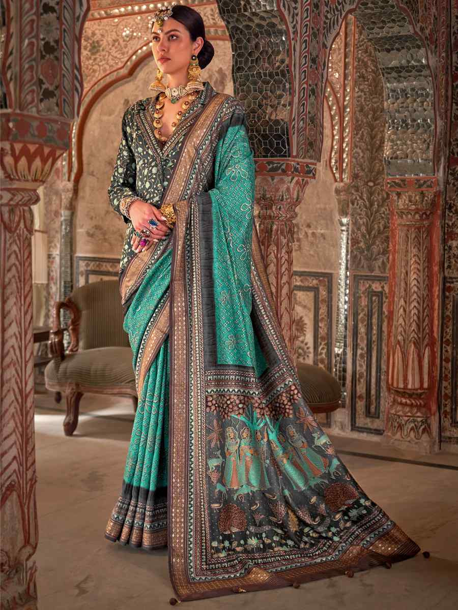 Sky Poly Viscose Silk Handwoven Festival Wedding Heavy Border Saree