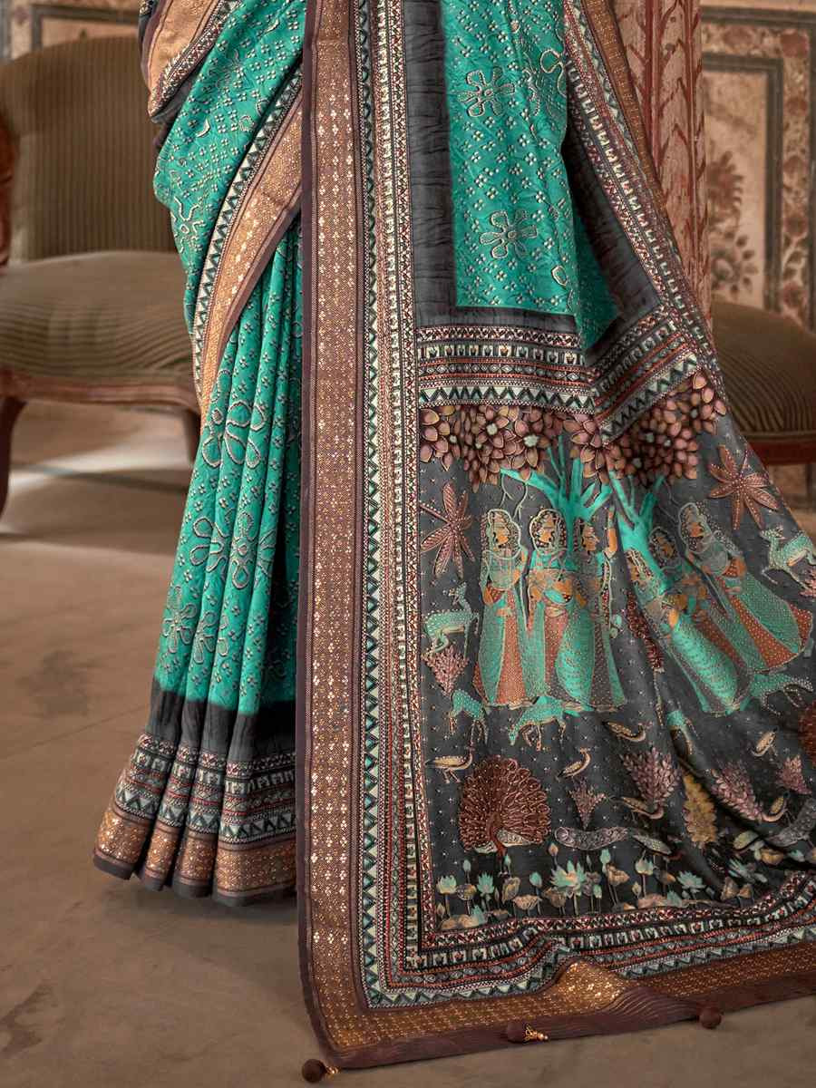 Sky Poly Viscose Silk Handwoven Festival Wedding Heavy Border Saree