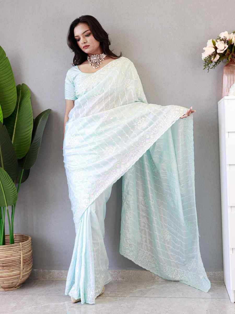 Sky Pure Chinon Silk Handwoven Festival Wedding Heavy Border Saree