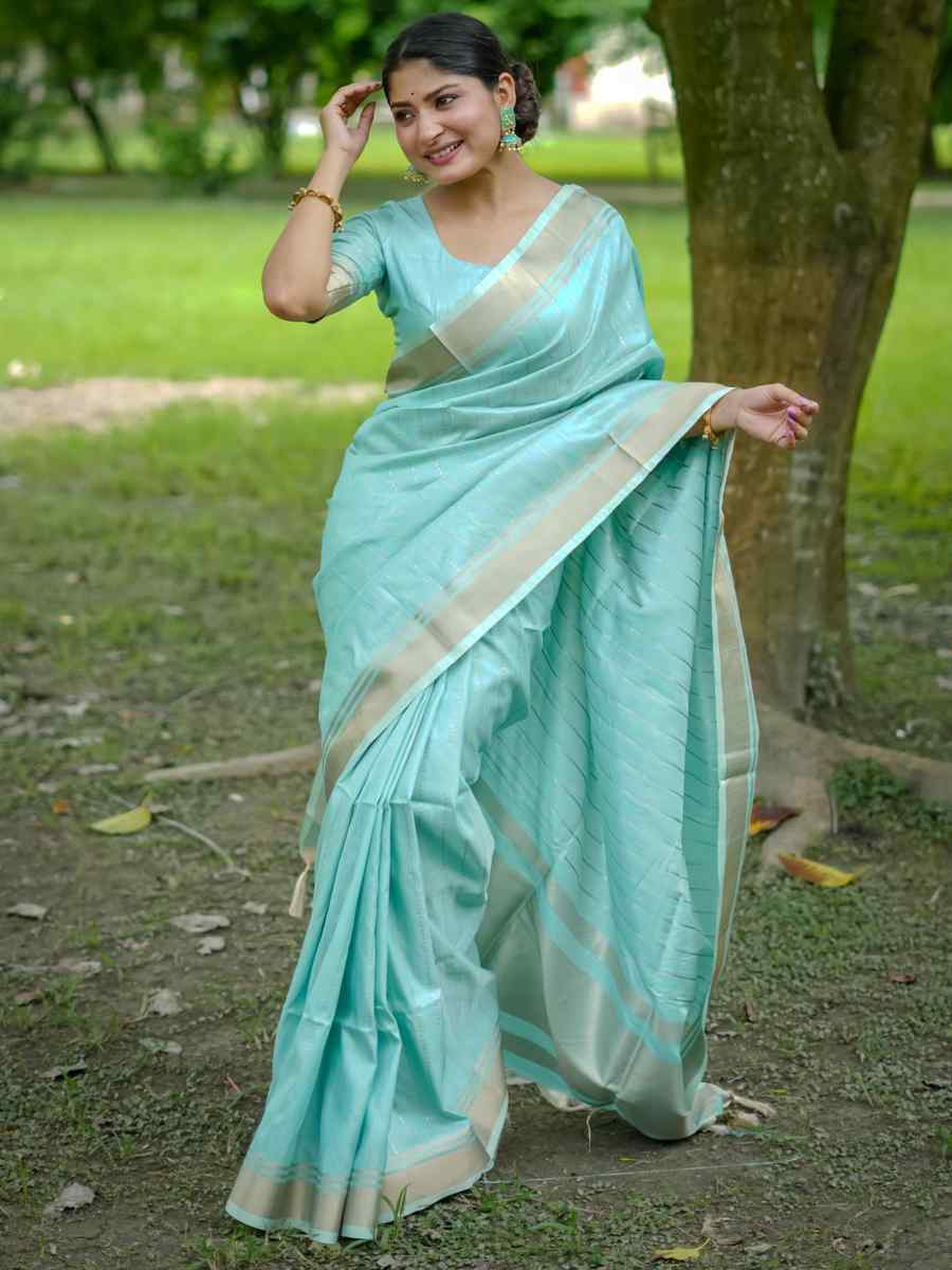 Sky Raw Silk Handwoven Festival Wedding Heavy Border Saree