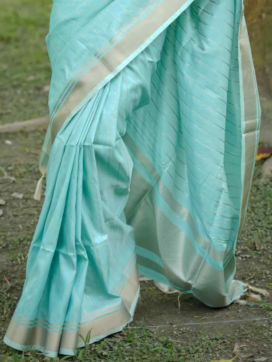 Sky Raw Silk Handwoven Festival Wedding Heavy Border Saree