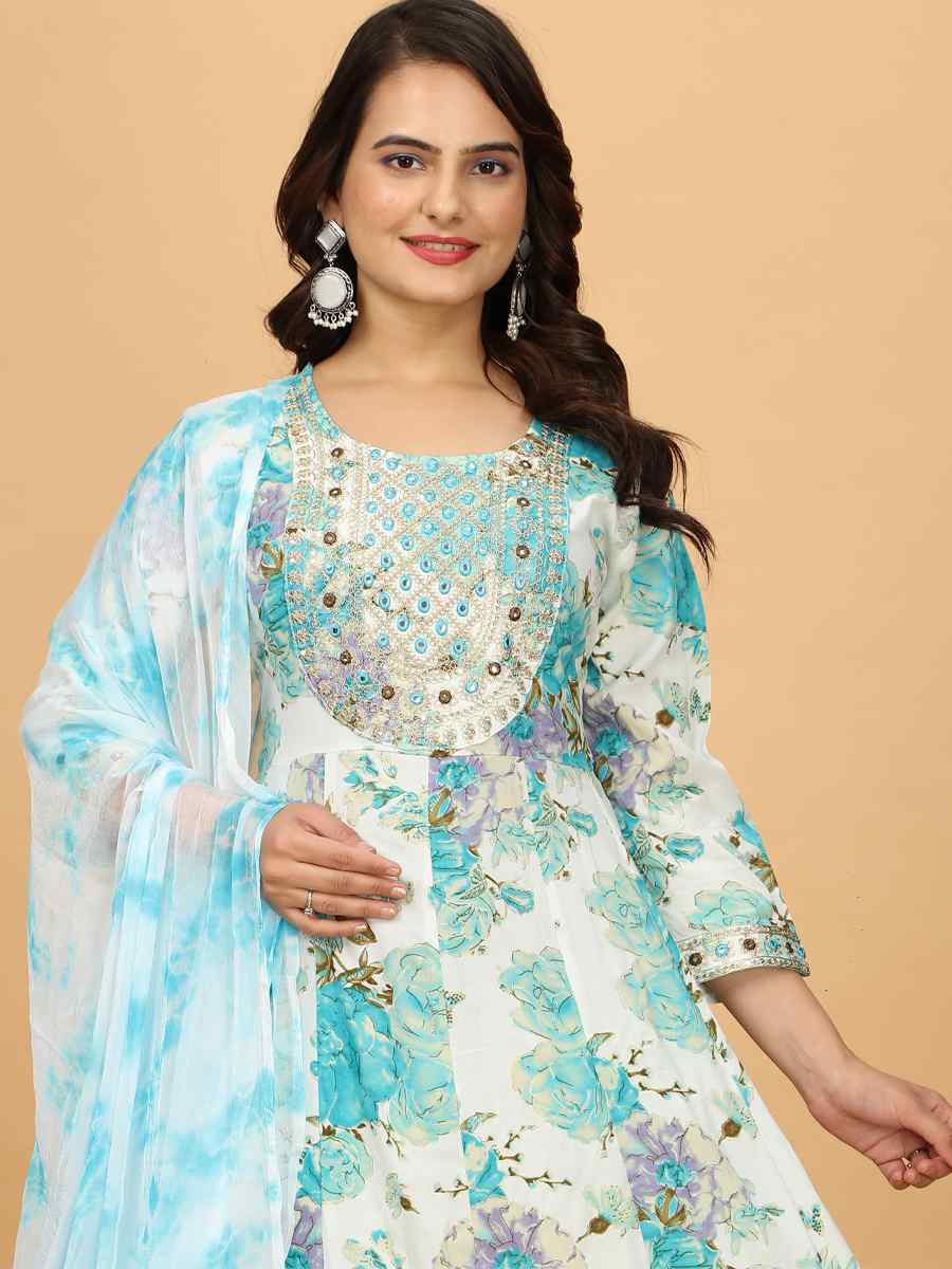 Sky Rayon Cotton Embroidered Festival Mehendi Ready Anarkali Salwar Kameez