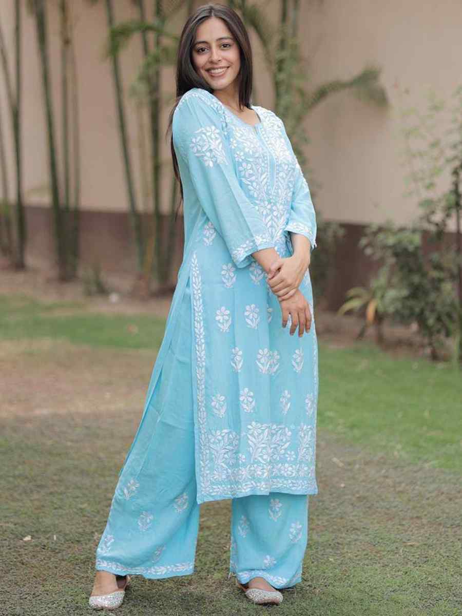 Sky Rayon Embroidered Festival Casual Ready Pant Salwar Kameez