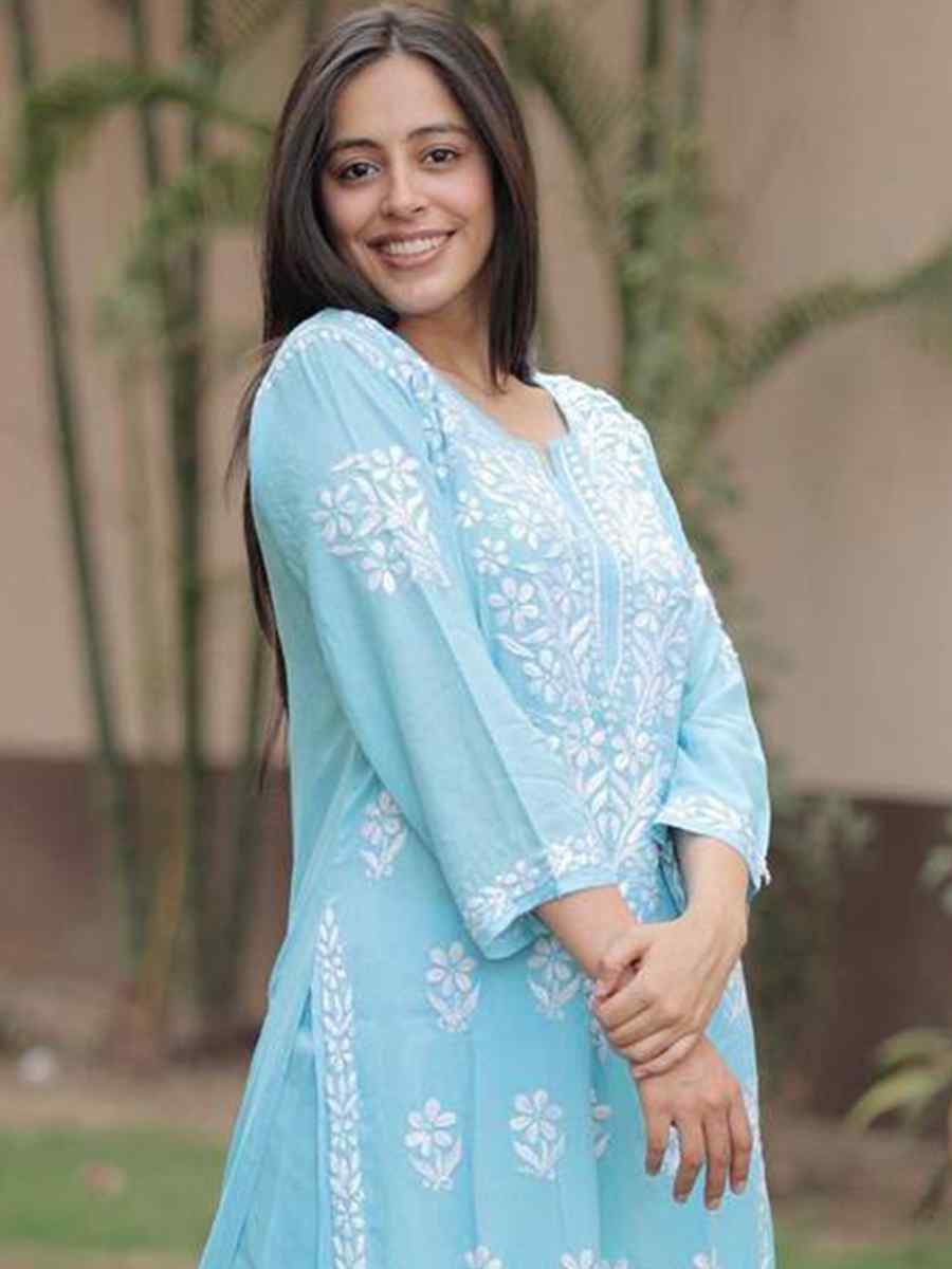 Sky Rayon Embroidered Festival Casual Ready Pant Salwar Kameez