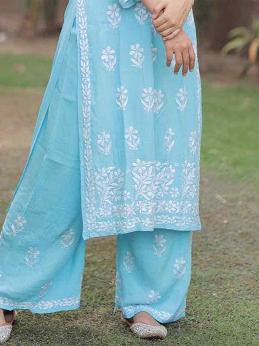 Sky Rayon Embroidered Festival Casual Ready Pant Salwar Kameez