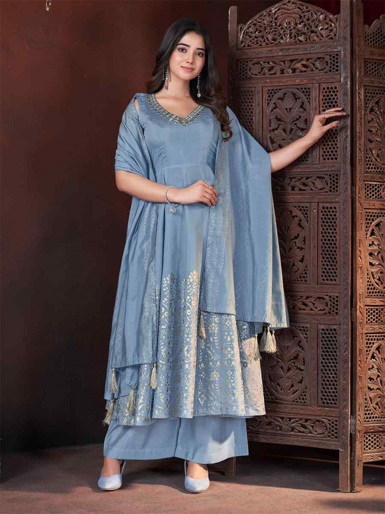 Sky Roman Silk Printed Casual Festival Ready Palazzo Pant Salwar Kameez