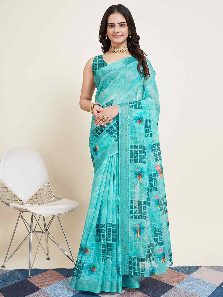 Sky Semi Cotton Printed Festival Casual Contemporary Saree